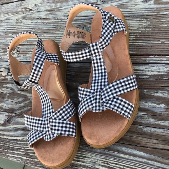 Land End Ginghams Black White Plaid Velcro Straps Summer Women Sandals - Picture 2 of 8